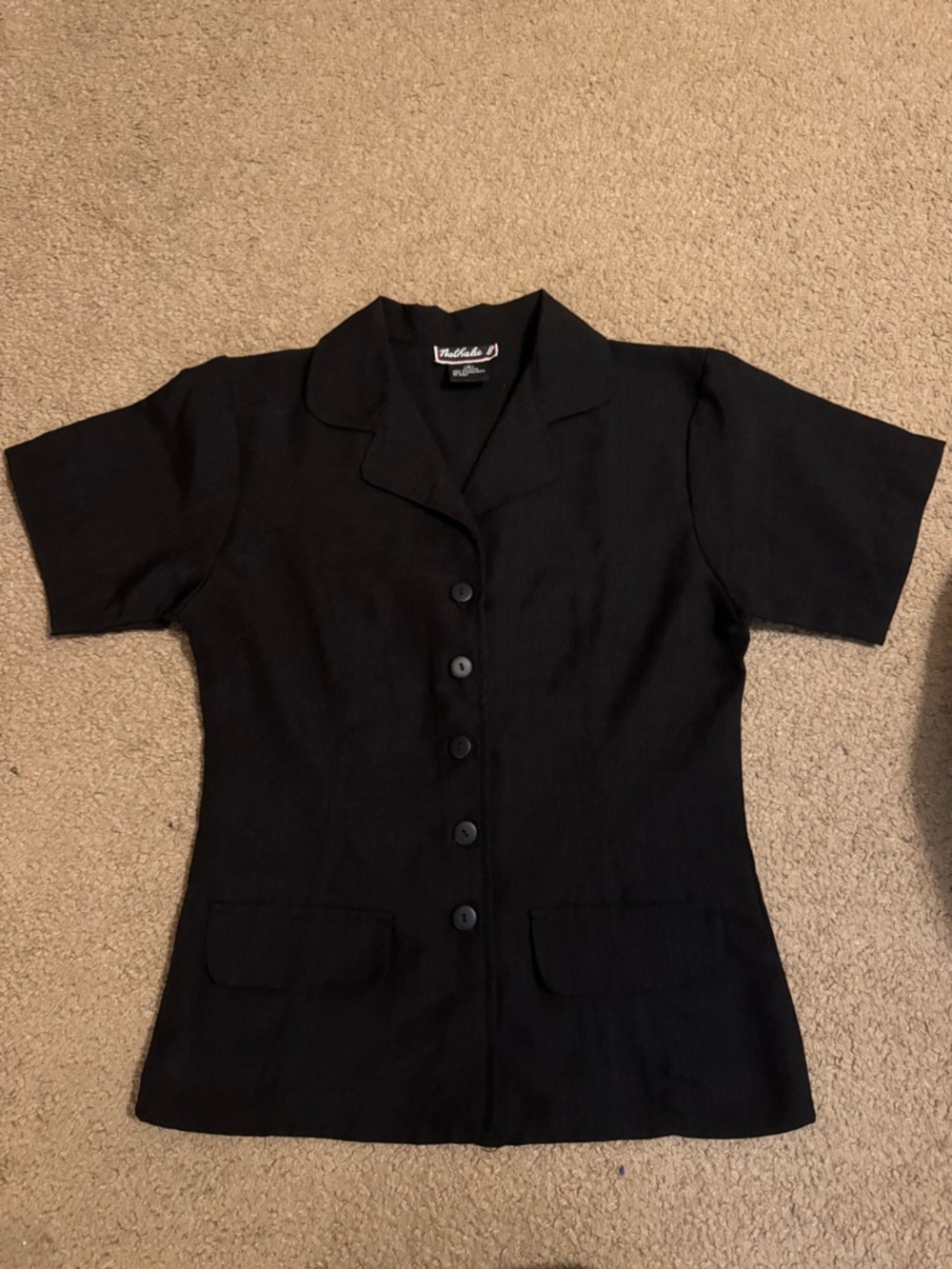 Nathalie B Vintage-style Black Button Front Short Sleeve Blouse